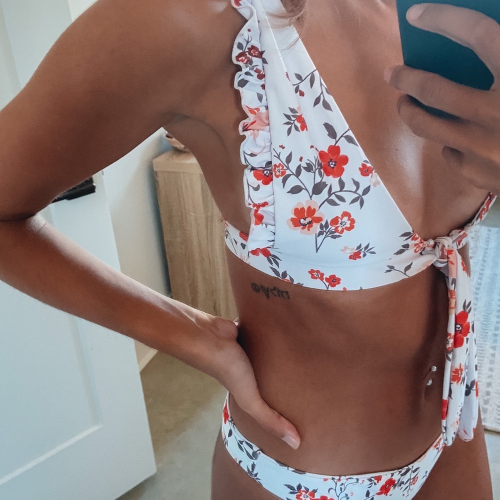 Floral Tie Front Bikini with Ruffle Detail